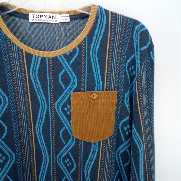 Topman 100% Cotton Argyle Blue Brown Pocket Sweater XS Extra Button Men's - Picture 3 of 10